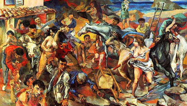 . Гуттузо. Бегство с Этны. 1938–1939 Холст, масло. 147,2×256,5 Национальная галерея современного искусства, Рим . Гуттузо. Бегство с Этны. 1938–1939 Холст, масло. 147,2×256,5 Национальная галерея современного искусства, Рим