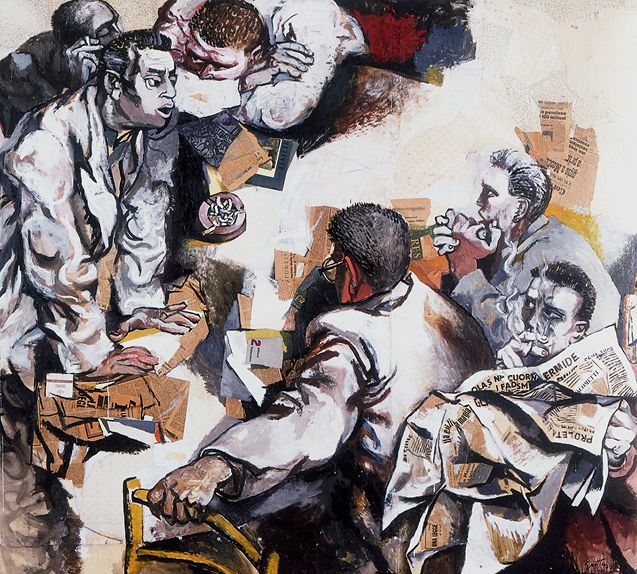 3. Р. Гуттузо. Дискуссия. 1960. Холст, масло, темпера, коллаж 220×248. Галерея Тейт. Лондон