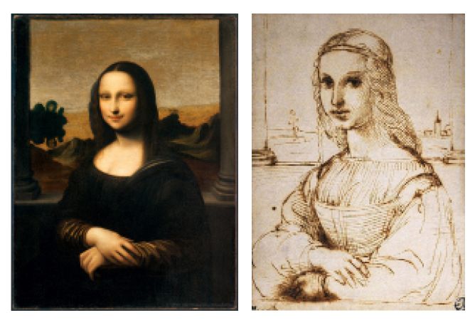 2. Айзелуортская Мона Лиза (слева); рисунок Рафаэля «Молодая дама» (1504), Лувр (справа)