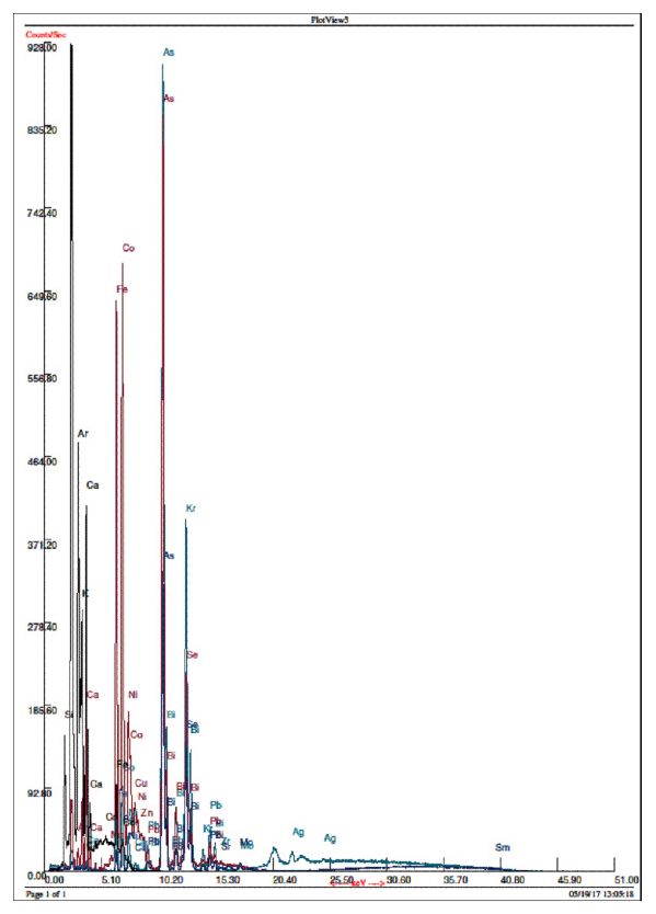 7. Богоявление – Крещение. Середина XVI в. Погост Камно ПГОИАХМЗ. График рентгенофлуоресцентного анализа: значительное содержание мышьяка (As) свидетельствует об использовании аурипигмента в качестве подкладки под живопись 7. Богоявление – Крещение. Середина XVI в. Погост Камно ПГОИАХМЗ. График рентгенофлуоресцентного анализа: значительное содержание мышьяка (As) свидетельствует об использовании аурипигмента в качестве подкладки под живопись